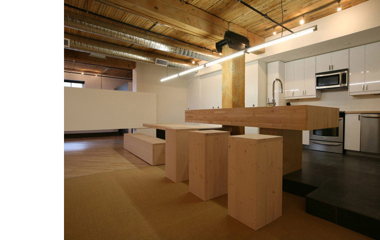 minimal loft renovation, custom counter, custom dining table, custom barstool